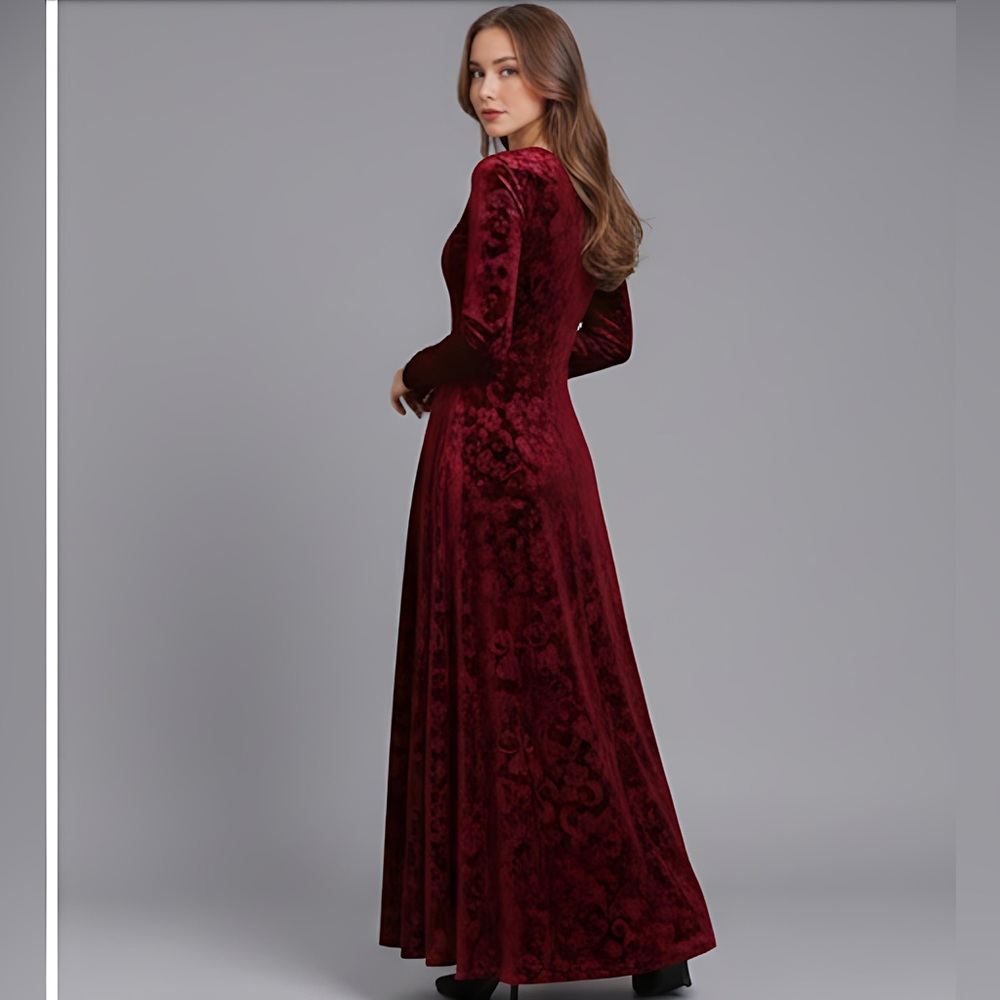 Burgundy  V-Neck Velvet Long Sleeve Dress - Picture 4 of 10